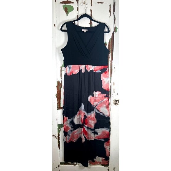 Susan Graver Size M Lined Maxi Dress Black Pink Abstract Floral Empire Waistband - Picture 5 of 14